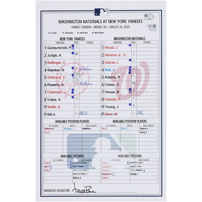New York Yankees Game-Used Lineup Card vs. Washington Nationals on August 26, 2025