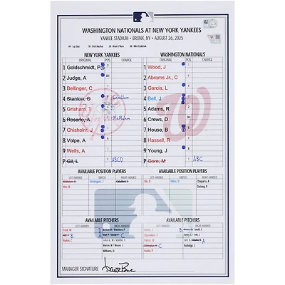 New York Yankees Game-Used Lineup Card vs. Washington Nationals on August 26, 2025