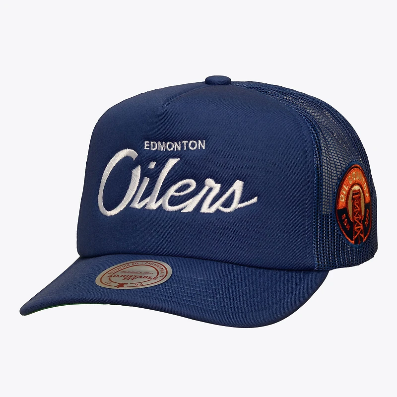 Men's Mitchell & Ness Navy Edmonton Oilers Head Coach Trucker Adjustable Hat