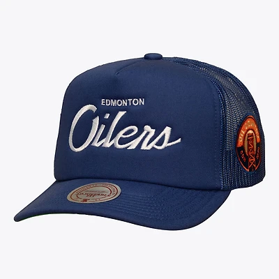 Men's Mitchell & Ness Navy Edmonton Oilers Head Coach Trucker Adjustable Hat