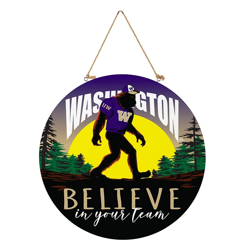 Washington Huskies 18" Bigfoot "Believe in Yourself" Team Logo Wood Round Door Sign