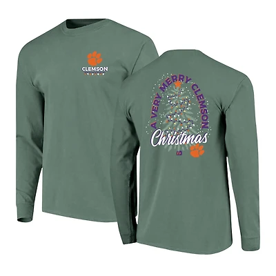 Men's  Green Clemson Tigers Comfort Colors Merry Christmas Tree Long Sleeve T-Shirt