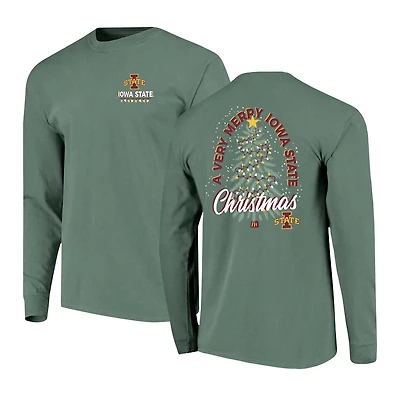 Men's  Green Iowa State Cyclones Comfort Colors Merry Christmas Tree Long Sleeve T-Shirt