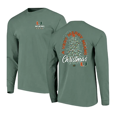 Men's  Green Miami Hurricanes Comfort Colors Merry Christmas Tree Long Sleeve T-Shirt