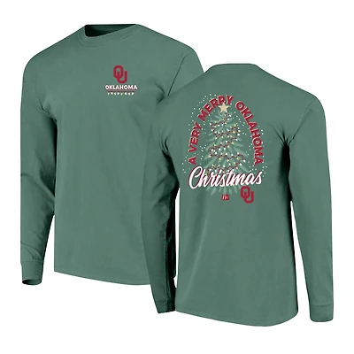 Men's  Green Oklahoma Sooners Comfort Colors Merry Christmas Tree Long Sleeve T-Shirt