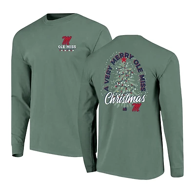 Men's Green Ole Miss Rebels Comfort Colors Merry Christmas Tree Long Sleeve T-Shirt