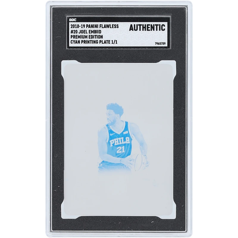 Joel Embiid Philadelphia 76ers 2018-19 Panini Flawless Cyan Printing Plate #20 #1/1 SGC Authenticated Auth Card