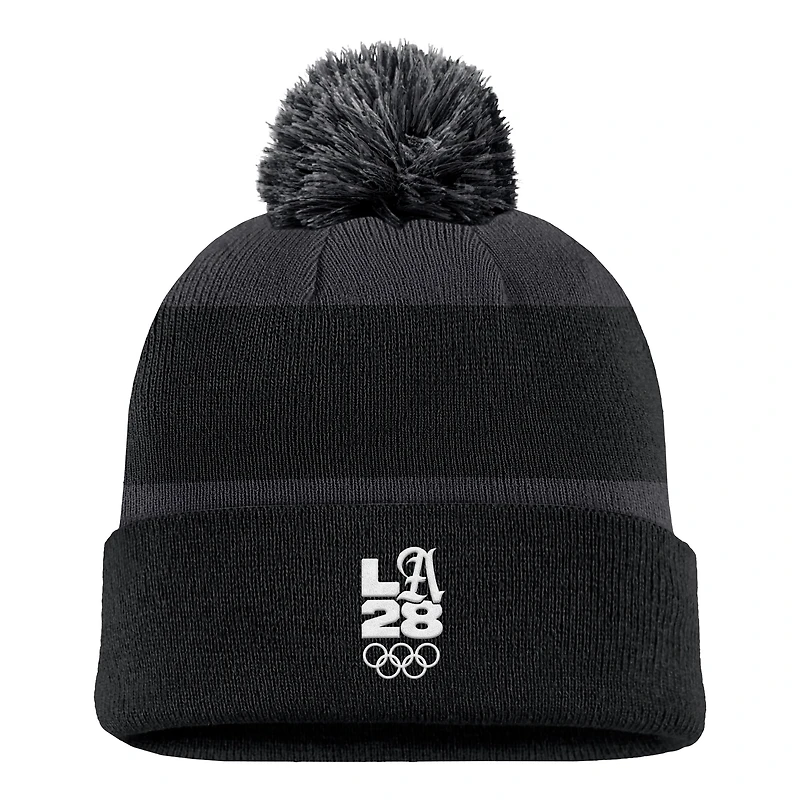 Men's Nike Black LA28 Summer Olympics Script Peak Stripe Cuffed Knit Hat with Pom
