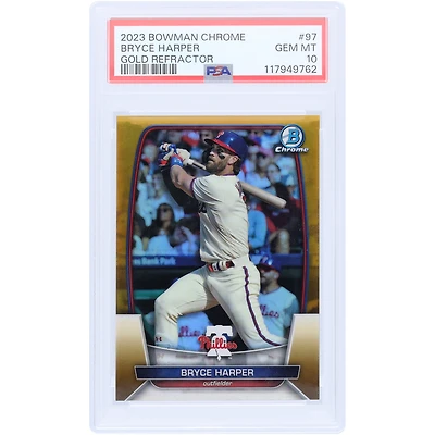 Bryce Harper Philadelphia Phillies 2023 Bowman Chrome Gold Refractor #97 #46/50 PSA Authenticated 10 Card