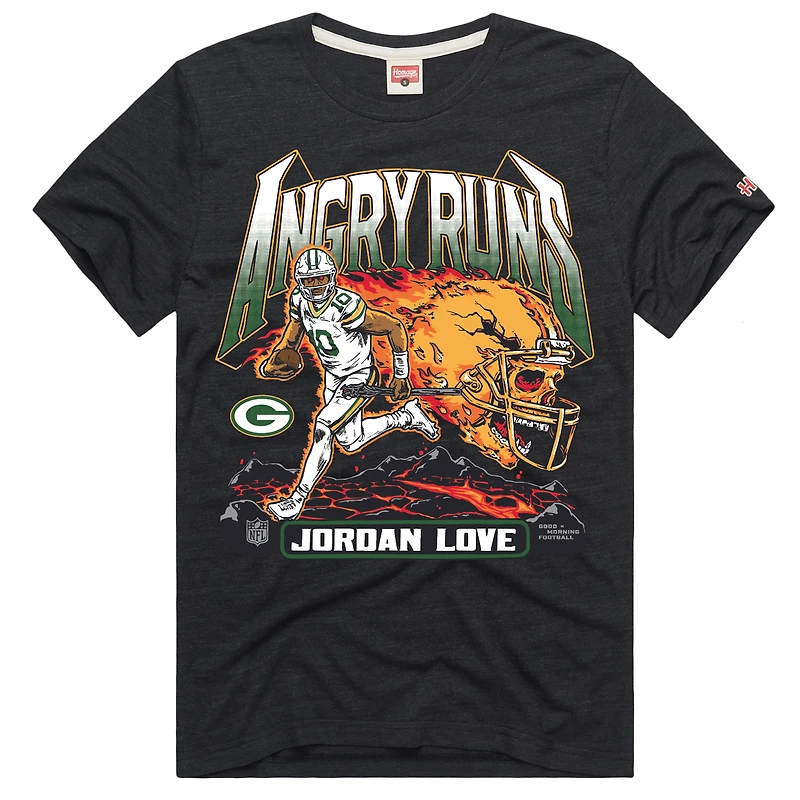 Unisex Homage Jordan Love Charcoal Green Bay Packers Angry Runs Player Graphic Tri-Blend T-Shirt