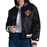 Women's Starter  Black New York Knicks Arch Stripe Full-Snap Satin Varsity Jacket