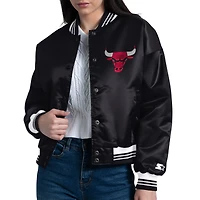 Women's Starter  Black Chicago Bulls Arch Stripe Full-Snap Satin Varsity Jacket