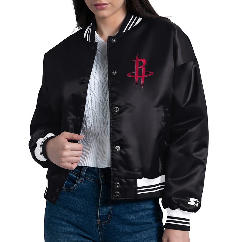 Women's Starter  Black Houston Rockets Arch Stripe Full-Snap Satin Varsity Jacket