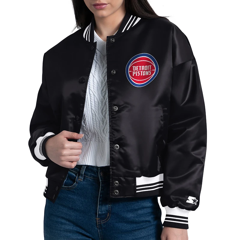 Women's Starter  Black Detroit Pistons Arch Stripe Full-Snap Satin Varsity Jacket