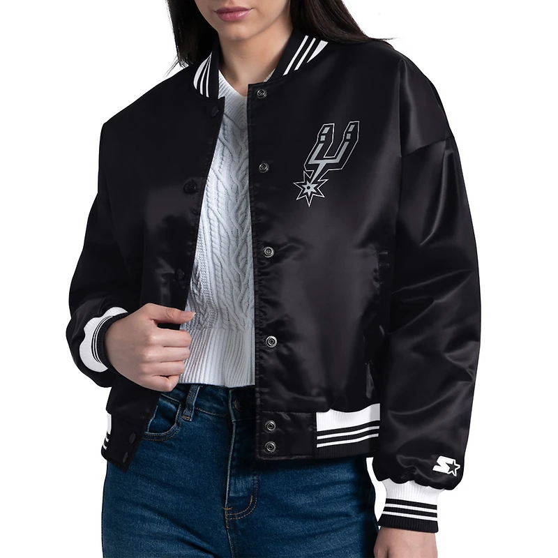 Women's Starter  Black San Antonio Spurs Arch Stripe Full-Snap Satin Varsity Jacket