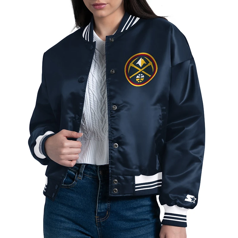 Women's Starter Navy Denver Nuggets Arch Stripe Full-Snap Satin Varsity Jacket