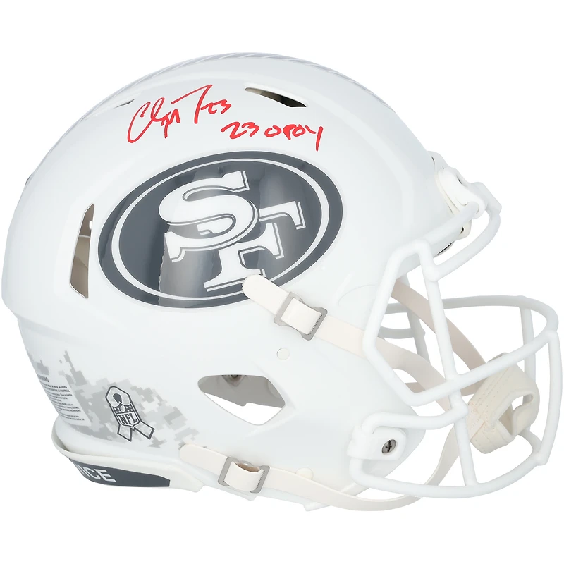 Christian McCaffrey San Francisco 49ers Autographed Riddell 2024 Salute to Service Speed Authentic Helmet with "23 OPOY" Inscription