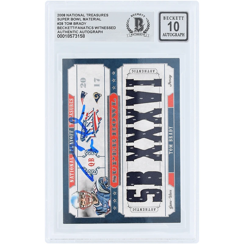 Tom Brady New England Patriots Autographed 2008 Donruss Playoff National Treasures Super Bowl Material Game-Worn Relic #28 #3/25 Beckett Fanatics Witnessed Authenticated 10 Card