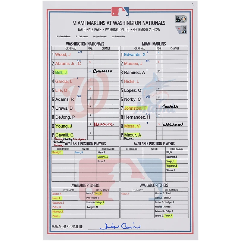 Washington Nationals Game-Used Lineup Card vs. Miami Marlins on September 2, 2025