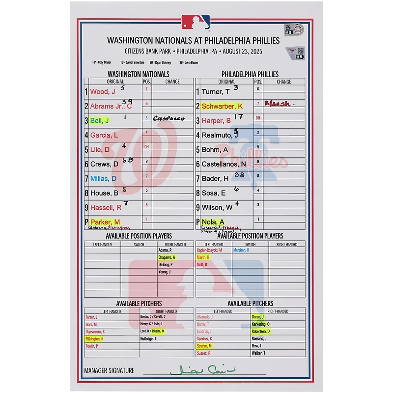 Washington Nationals Game-Used Lineup Card vs. Philadelphia Phillies on August 23, 2025