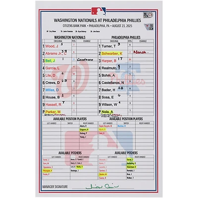 Washington Nationals Game-Used Lineup Card vs. Philadelphia Phillies on August 23, 2025