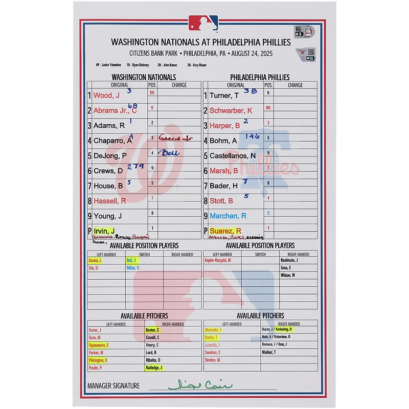 Washington Nationals Game-Used Lineup Card vs. Philadelphia Phillies on August 24, 2025