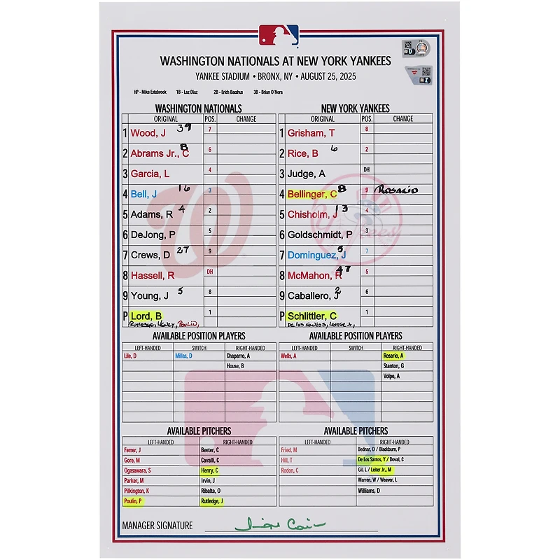 Washington Nationals Game-Used Lineup Card vs. New York Yankees on August 25, 2025