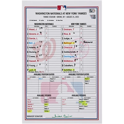 Washington Nationals Game-Used Lineup Card vs. New York Yankees on August 25, 2025