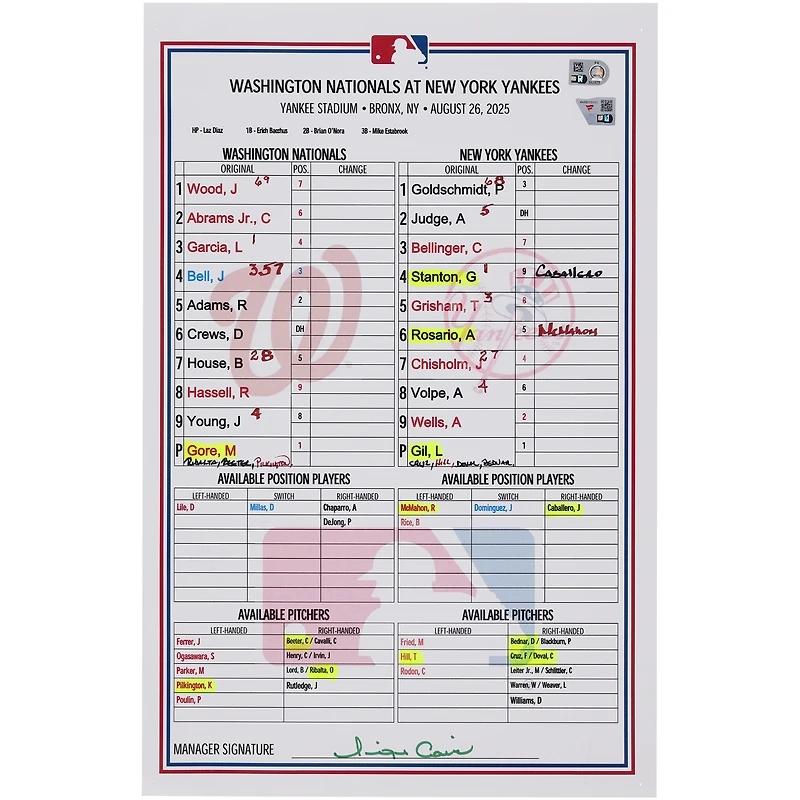 Washington Nationals Game-Used Lineup Card vs. New York Yankees on August 26, 2025