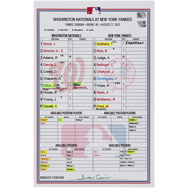 Washington Nationals Game-Used Lineup Card vs. New York Yankees on August 27, 2025