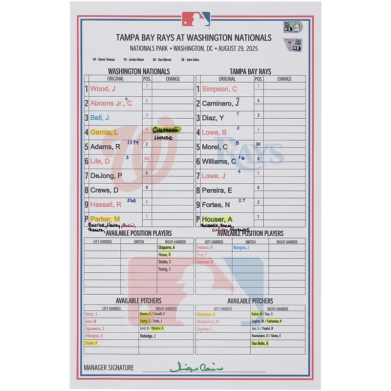 Washington Nationals Game-Used Lineup Card vs. Tampa Bay Rays on August 29, 2025