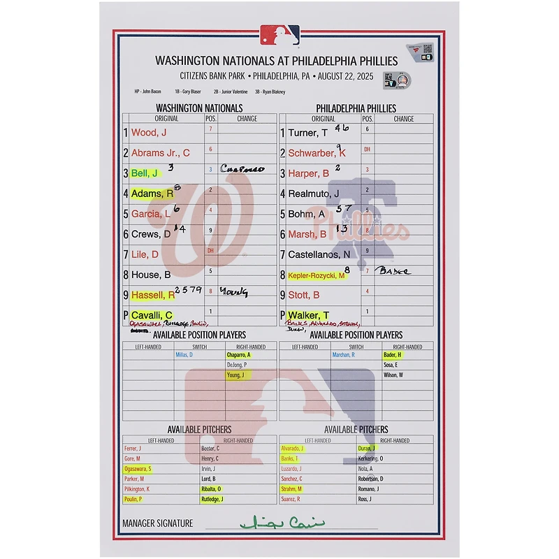 Washington Nationals Game-Used Lineup Card vs. Philadelphia Phillies on August 22, 2025