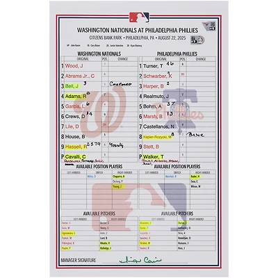 Washington Nationals Game-Used Lineup Card vs. Philadelphia Phillies on August 22, 2025