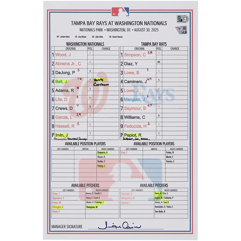 Washington Nationals Game-Used Lineup Card vs. Tampa Bay Rays on August 30, 2025