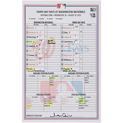 Washington Nationals Game-Used Lineup Card vs. Tampa Bay Rays on August 30, 2025