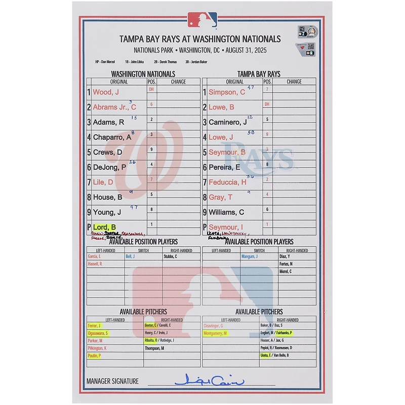Washington Nationals Game-Used Lineup Card vs. Tampa Bay Rays on August 31, 2025