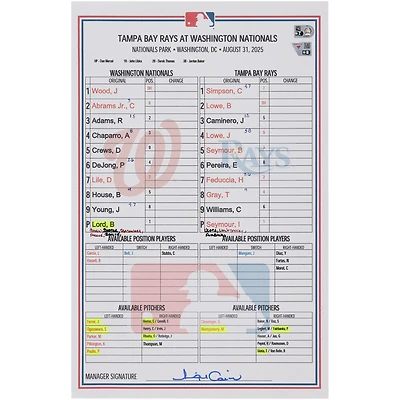 Washington Nationals Game-Used Lineup Card vs. Tampa Bay Rays on August 31, 2025