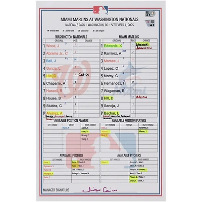 Washington Nationals Game-Used Lineup Card vs. Miami Marlins on September 1, 2025