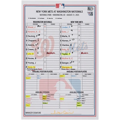 Washington Nationals Game-Used Lineup Card vs. New York Mets on August 21, 2025