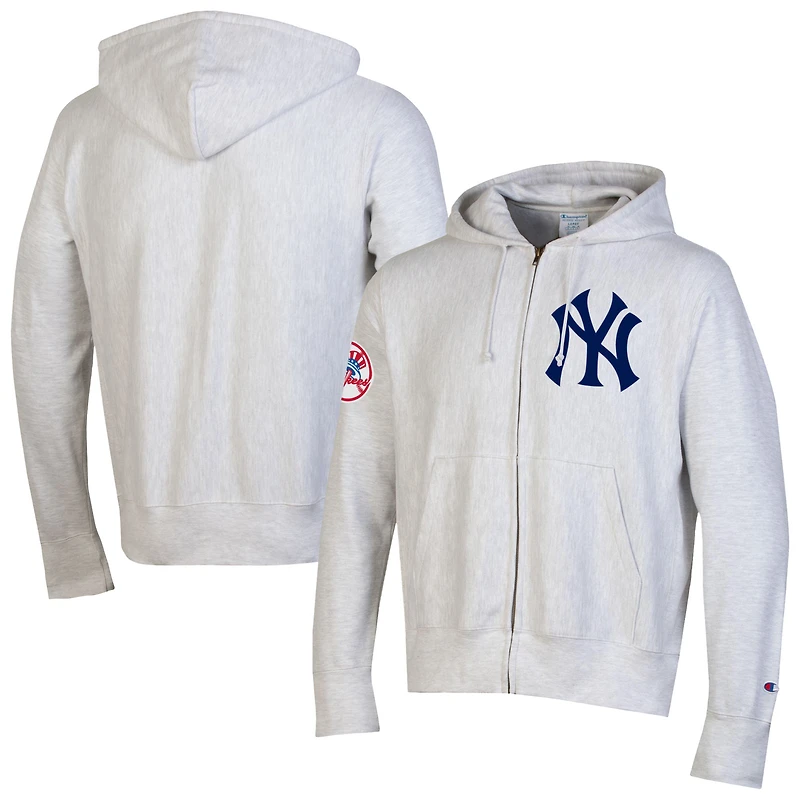 Men's Champion  Gray New York Yankees Reverse Weave Chenille Full-Zip Hoodie