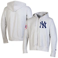 Men's Champion  Gray New York Yankees Reverse Weave Chenille Full-Zip Hoodie