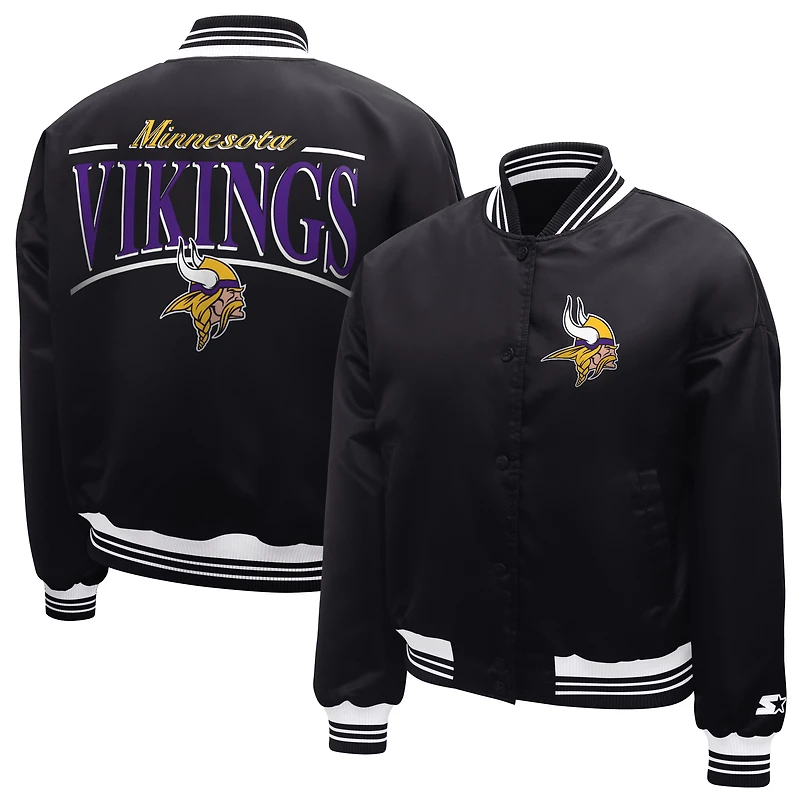 Women's Starter  Black Minnesota Vikings Satin Full-Snap Varsity Jacket