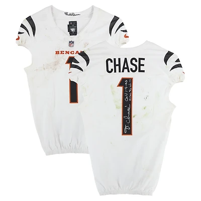 Ja'Marr Chase Cincinnati Bengals Autographed Game-Used #1 White Jersey vs. Pittsburgh Steelees on January 4, 2025 with Multiple Inscriptions - 10 Rec, 96 Yds, TD