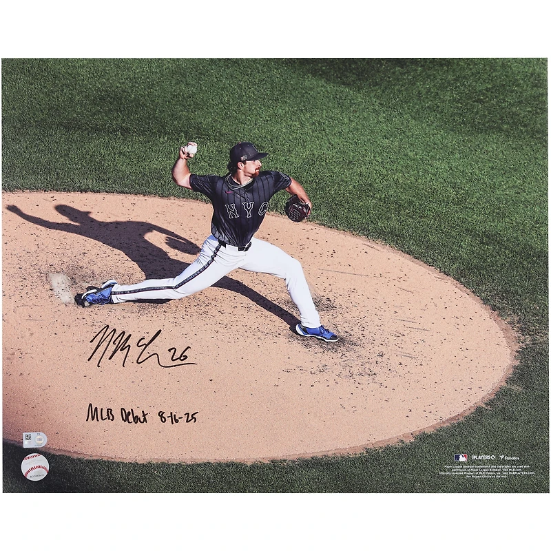 Nolan McLean New York Mets Autographed 16" x 20" MLB Debut Pitching Photograph with "MLB Debut 8-16-25" Inscription