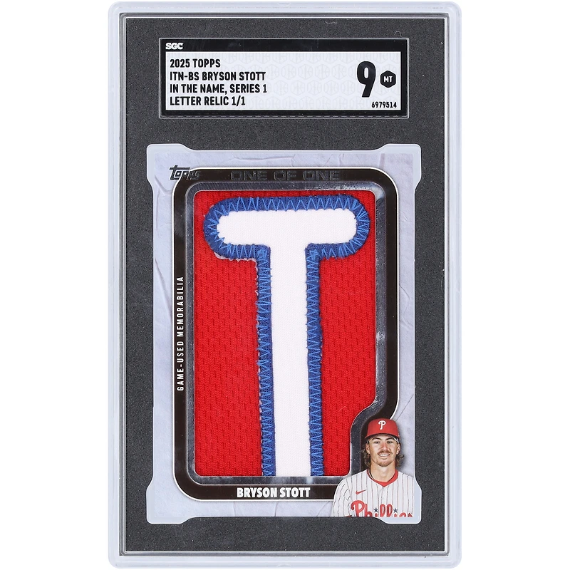 Bryson Stott Philadelphia Phillies 2025 Topps In The Name Letter "T" Tri-Color Relic #ITN-BS #1/1 SGC Authenticated 9 Card