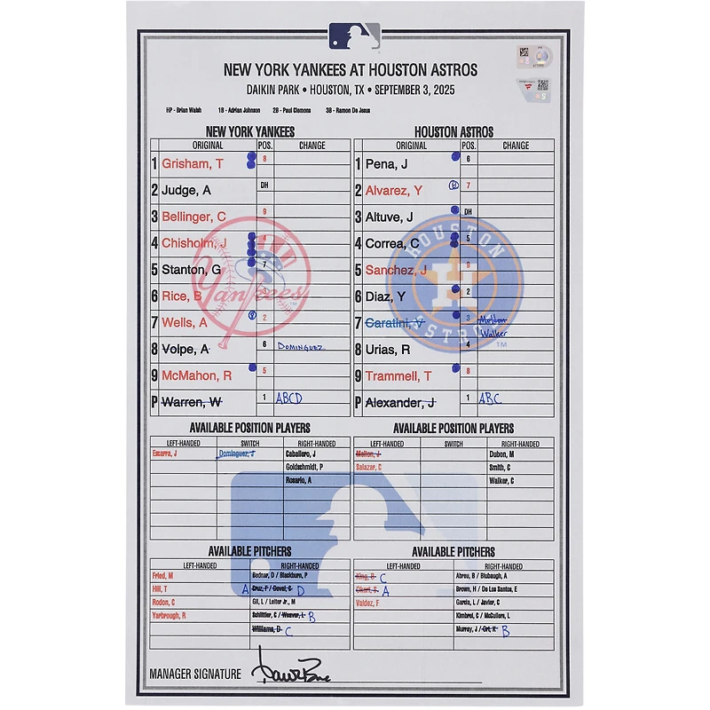 New York Yankees Game-Used Lineup Card vs. Houston Astros on September 3, 2025