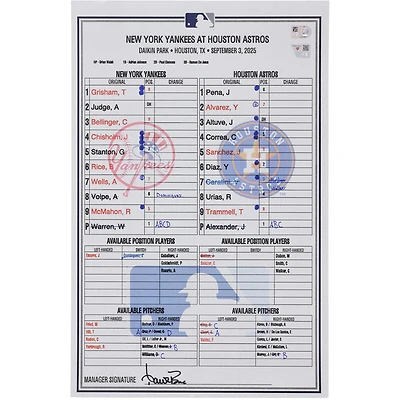 New York Yankees Game-Used Lineup Card vs. Houston Astros on September 3, 2025