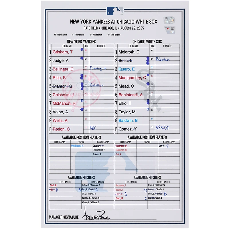 New York Yankees Game-Used Lineup Card vs. Chicago White Sox on August 29, 2025