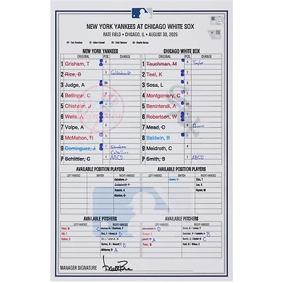 New York Yankees Game-Used Lineup Card vs. Chicago White Sox on August 30, 2025
