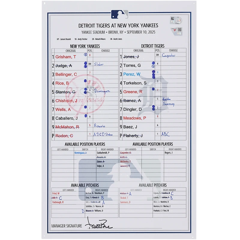 New York Yankees Game-Used Lineup Card vs. Detroit Tigers on September 10, 2025